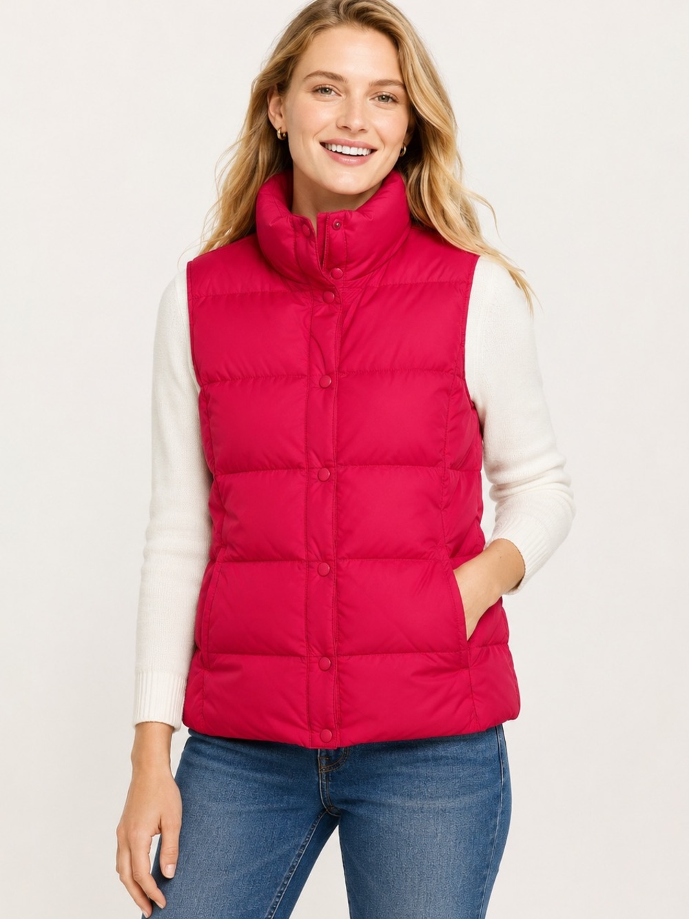 Lands’ End Goose Down Puffer Vest XL 18-20 Raspberry Pink Snap Front 178924